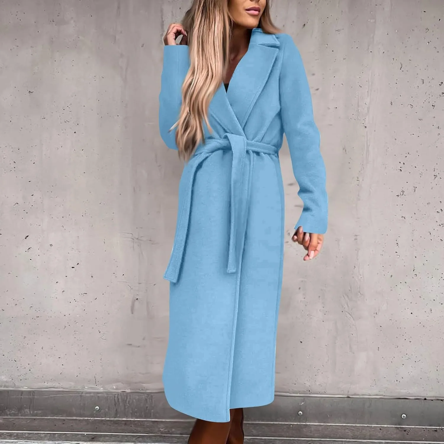 Womens Winter Trench Coats Elegant Long Length Slim Fit Coats Open Front Belt Overcoat Long Lapel Collar Pea Coat
