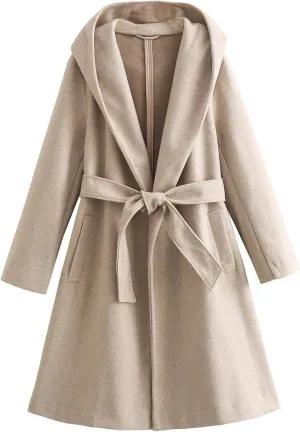 Womens Winter Wool Blend Pea Coat Casual Notched Lapel Collar Trench Coat Belted Elegant Long Overcoat Jacket