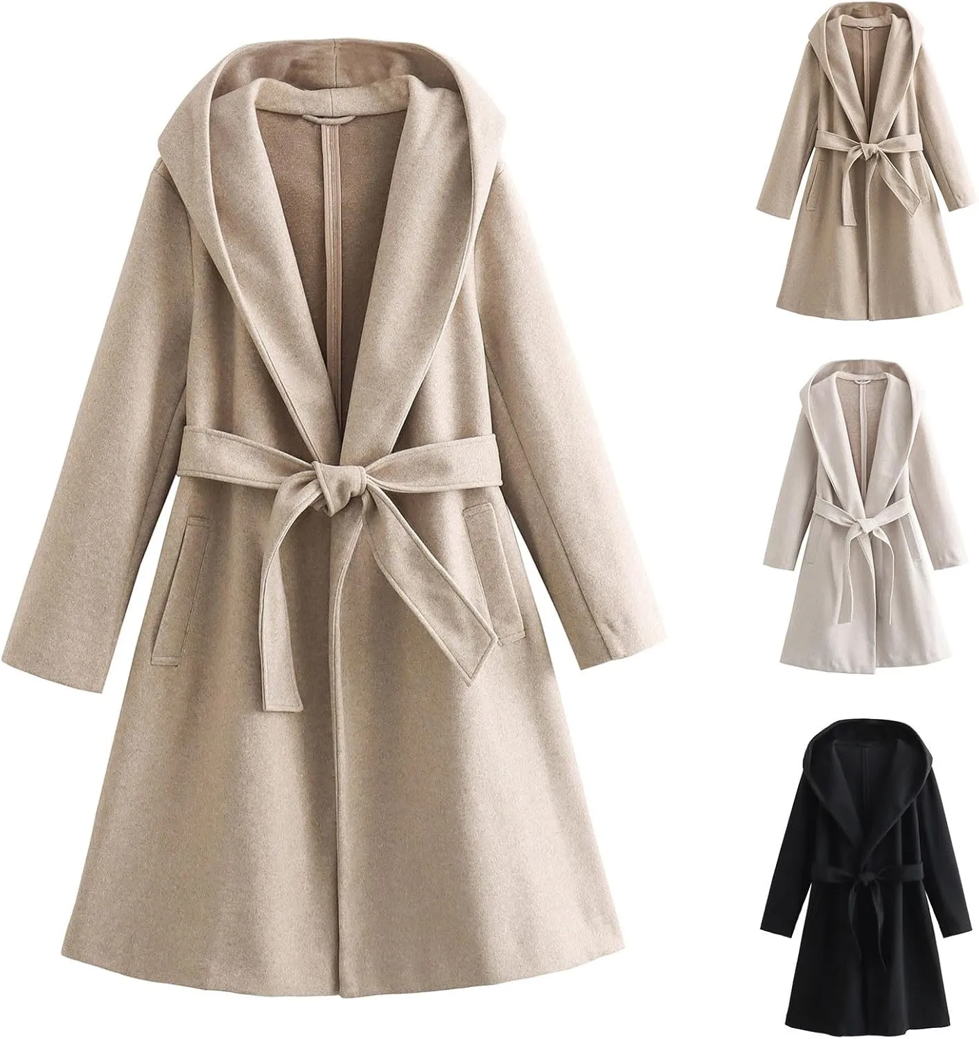 Womens Winter Wool Blend Pea Coat Casual Notched Lapel Collar Trench Coat Belted Elegant Long Overcoat Jacket