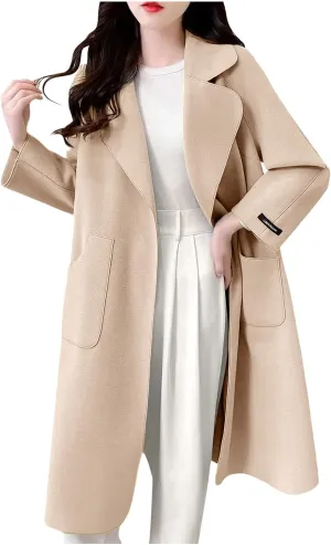 Womens Winter Wool Coats Elegant Single Breasted Long Trench Coat Midi Length Peacoat Bussiness Jacket With Pockets