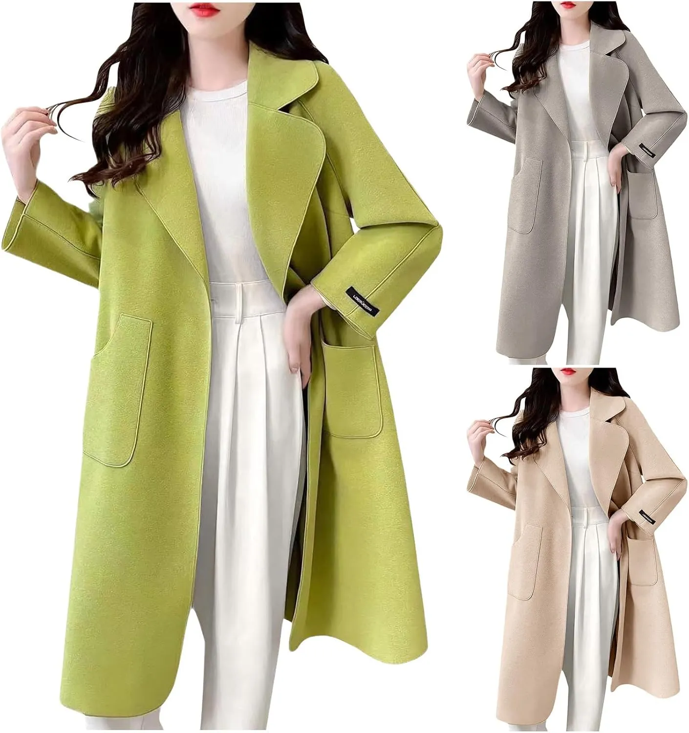 Womens Winter Wool Coats Elegant Single Breasted Long Trench Coat Midi Length Peacoat Bussiness Jacket With Pockets