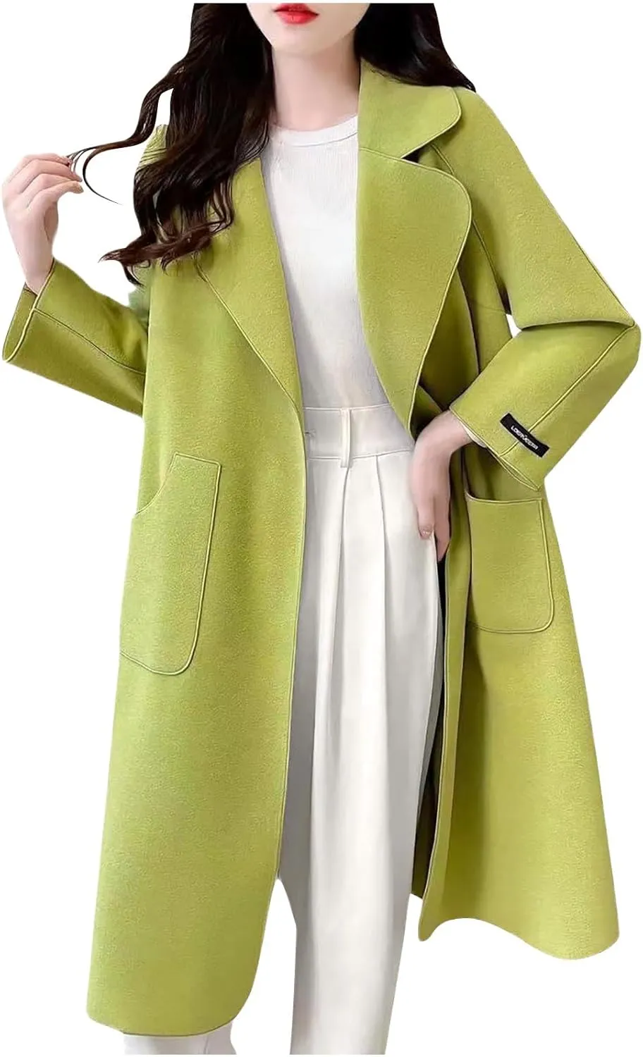 Womens Winter Wool Coats Elegant Single Breasted Long Trench Coat Midi Length Peacoat Bussiness Jacket With Pockets