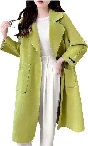 Womens Winter Wool Coats Elegant Single Breasted Long Trench Coat Midi Length Peacoat Bussiness Jacket With Pockets