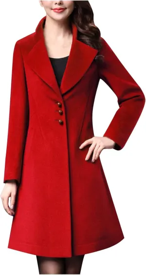 Womens Winter Wool Coats Single Breasted Mid-Long Pea Coats Elegant Notch Lapel Windproof Trench Coat Outwear
