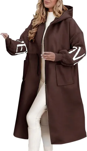 Womens Wool Blend Pea Coat Fashion Winter Dressy Overcoat Zipped Trench Jackets with Hood
