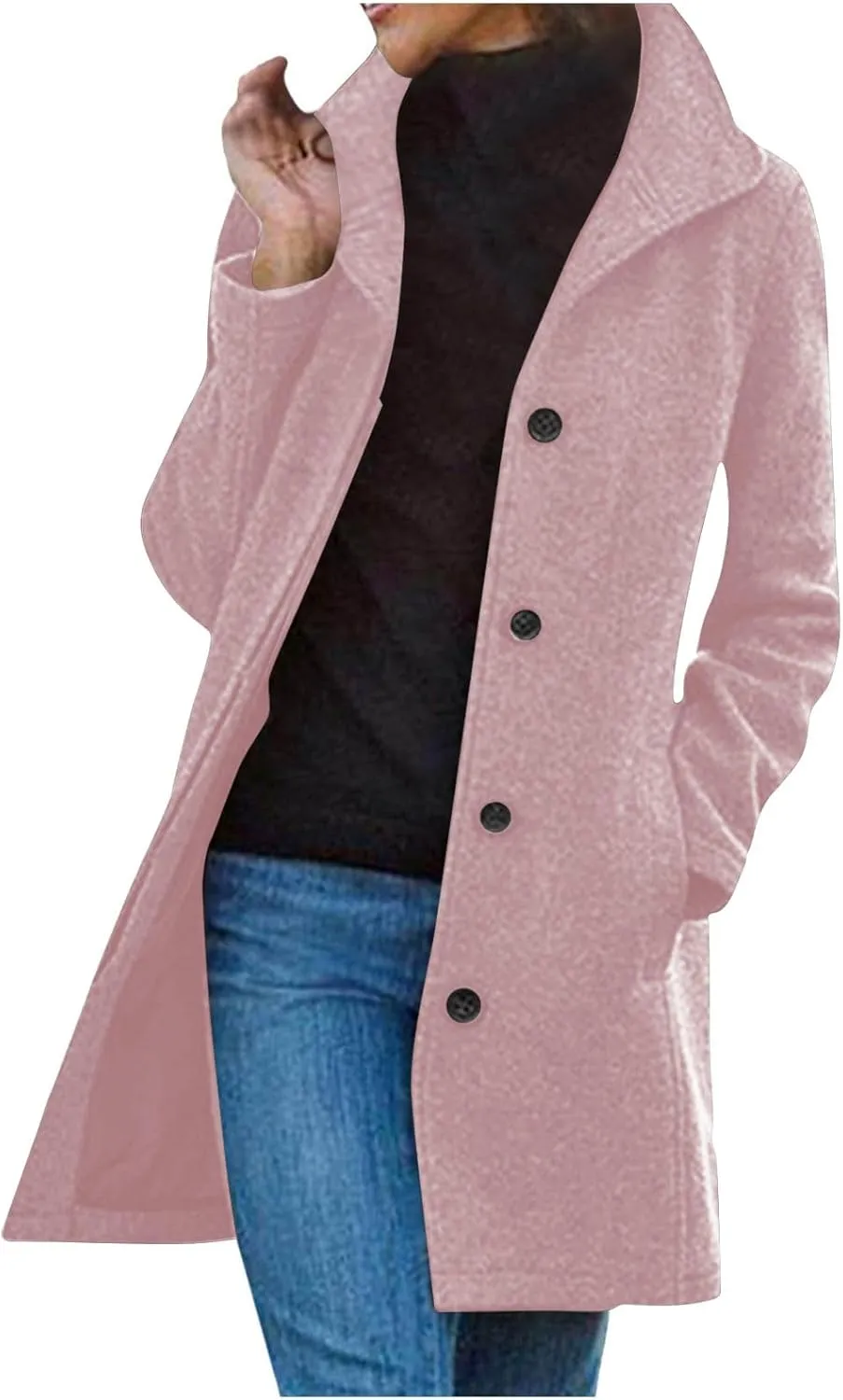 Women's Wool Blend Trench Coat Casual Single Breasted Pea Coat Thicken Stand Collar Mid Long Overcoat with Pocket