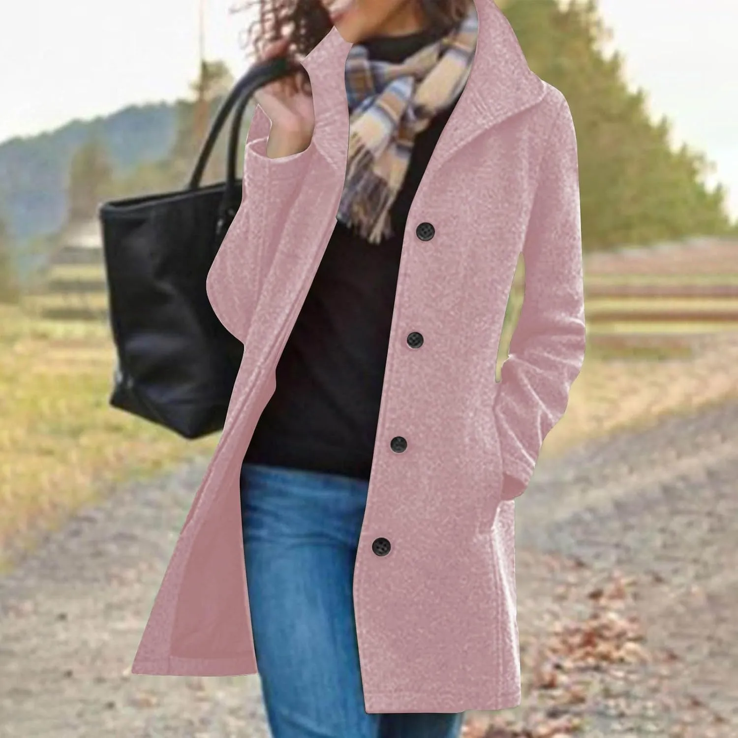 Women's Wool Blend Trench Coat Casual Single Breasted Pea Coat Thicken Stand Collar Mid Long Overcoat with Pocket