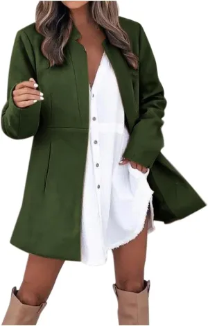 Womens Wool Coats Casual Open Front Notch Lapel Trench Coat Elegant Mid-Long Warm Winter Pea Coats Overcoat