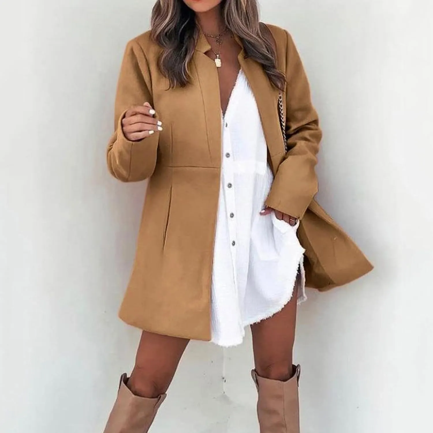 Womens Wool Coats Casual Open Front Notch Lapel Trench Coat Elegant Mid-Long Warm Winter Pea Coats Overcoat