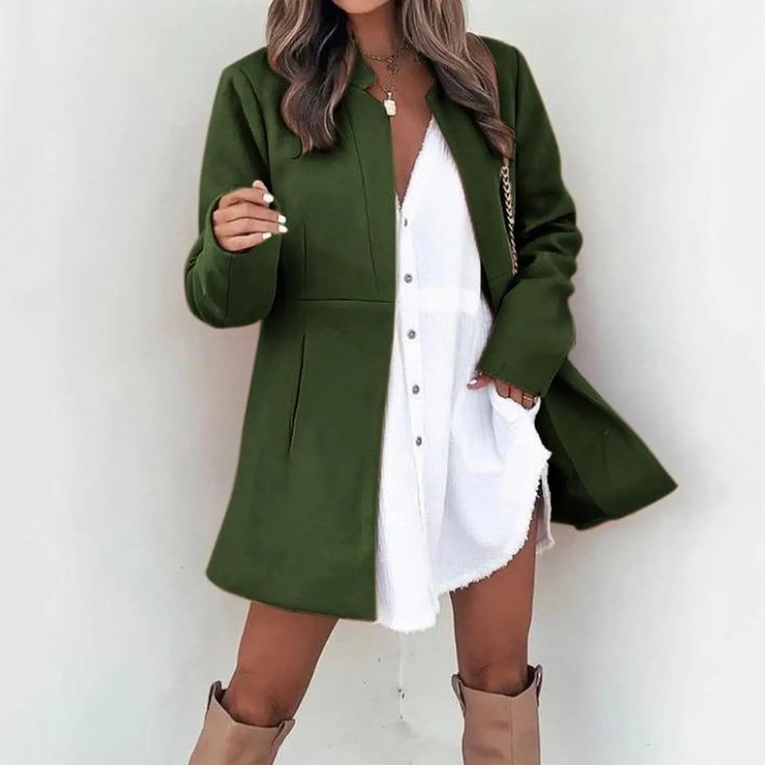 Womens Wool Coats Casual Open Front Notch Lapel Trench Coat Elegant Mid-Long Warm Winter Pea Coats Overcoat