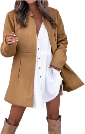 Womens Wool Coats Casual Open Front Notch Lapel Trench Coat Elegant Mid-Long Warm Winter Pea Coats Overcoat