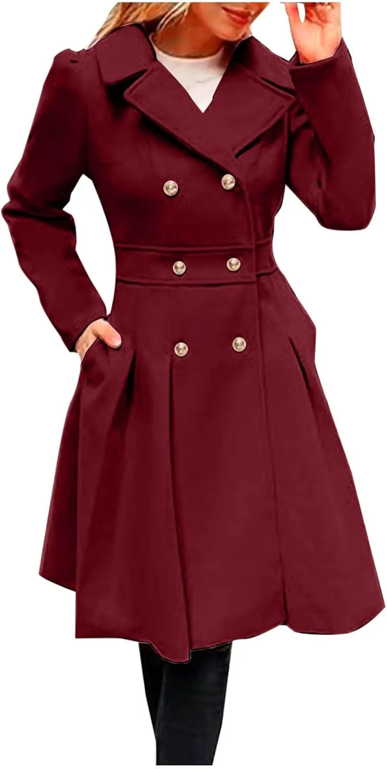 Women's Wool Coats Double Breasted Casual Notched Lapel Pea Coats Oversized Soft Warm Winter Trench Coat Outwear