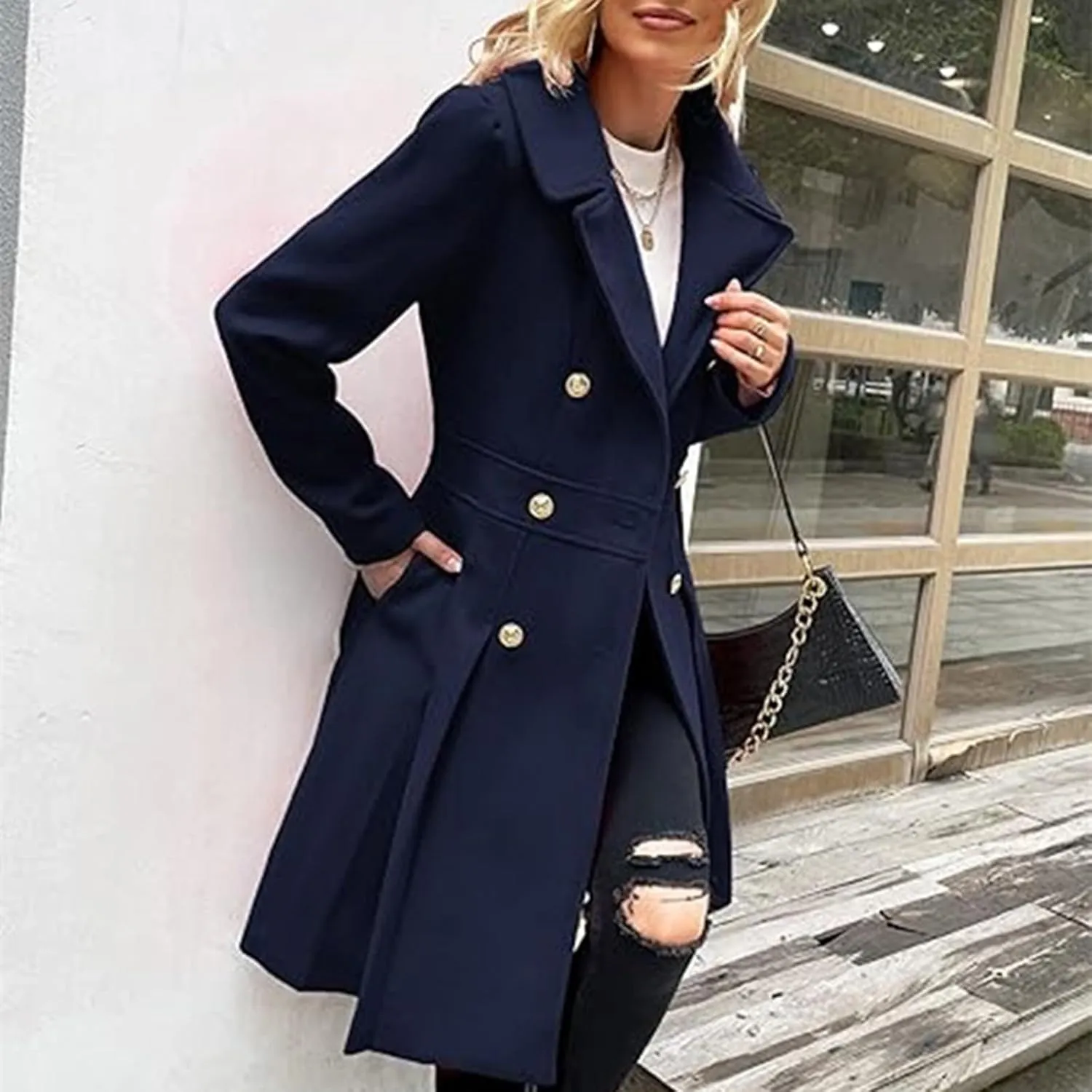 Women's Wool Coats Double Breasted Casual Notched Lapel Pea Coats Oversized Soft Warm Winter Trench Coat Outwear