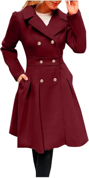 Women's Wool Coats Double Breasted Casual Notched Lapel Pea Coats Oversized Soft Warm Winter Trench Coat Outwear