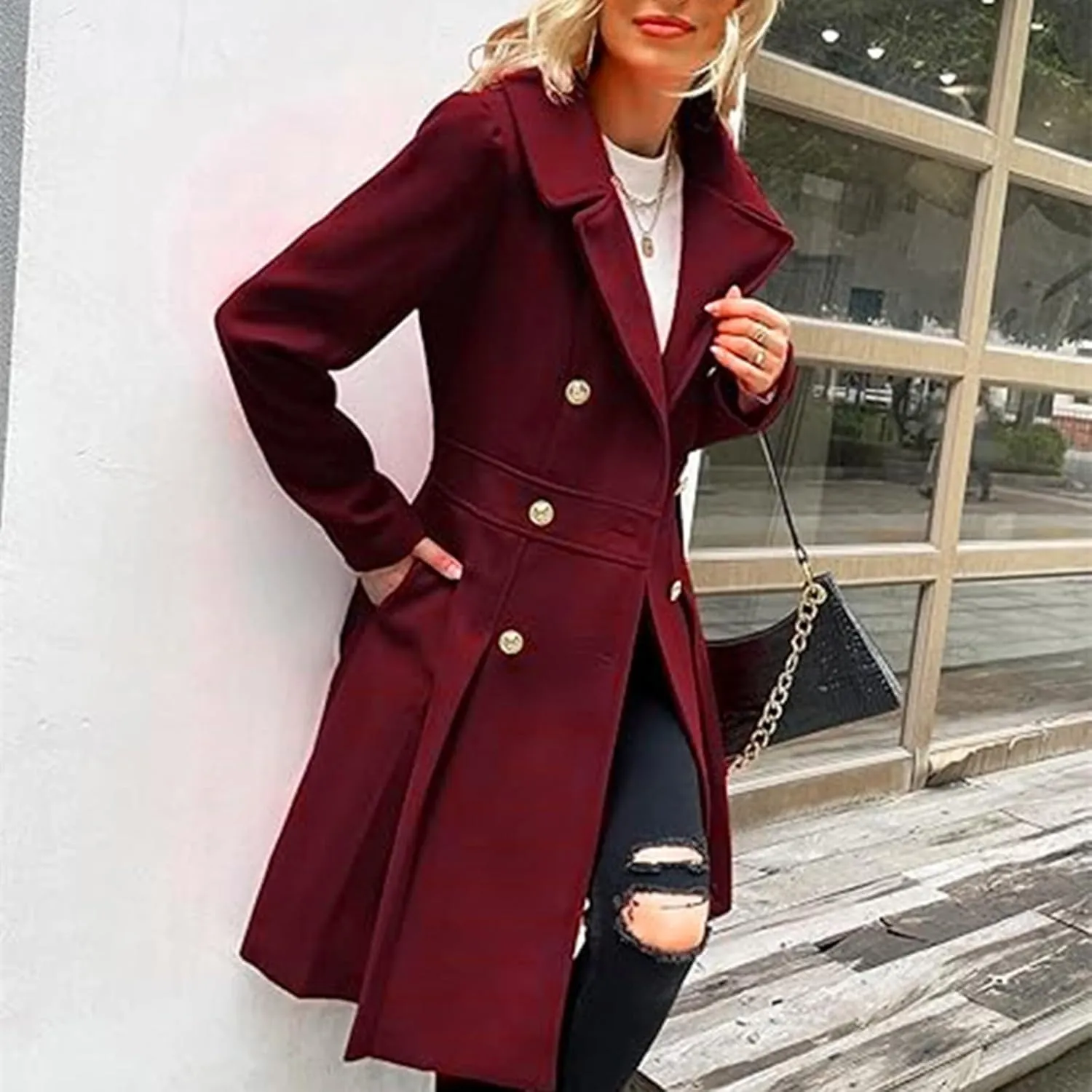 Women's Wool Coats Double Breasted Casual Notched Lapel Pea Coats Oversized Soft Warm Winter Trench Coat Outwear