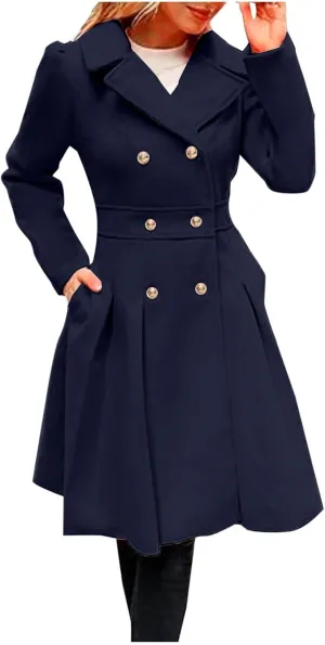 Women's Wool Coats Double Breasted Casual Notched Lapel Pea Coats Oversized Soft Warm Winter Trench Coat Outwear