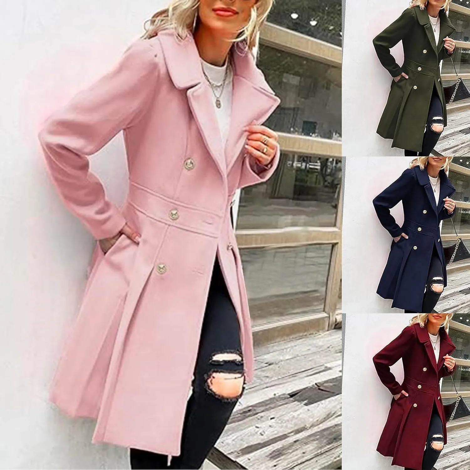 Women's Wool Coats Double Breasted Casual Notched Lapel Pea Coats Oversized Soft Warm Winter Trench Coat Outwear