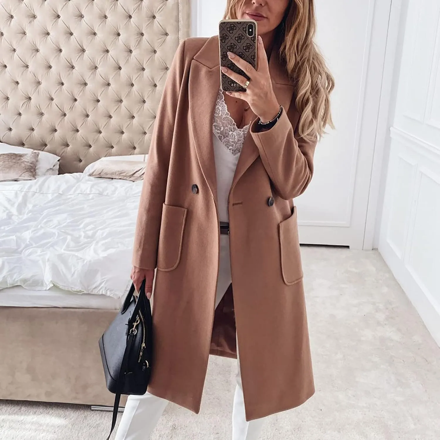Women's Wool Coats Fashion Autumn And Winter Long-Sleeved Lapel Tweed Coat Windbreaker Jacket, M-3XL