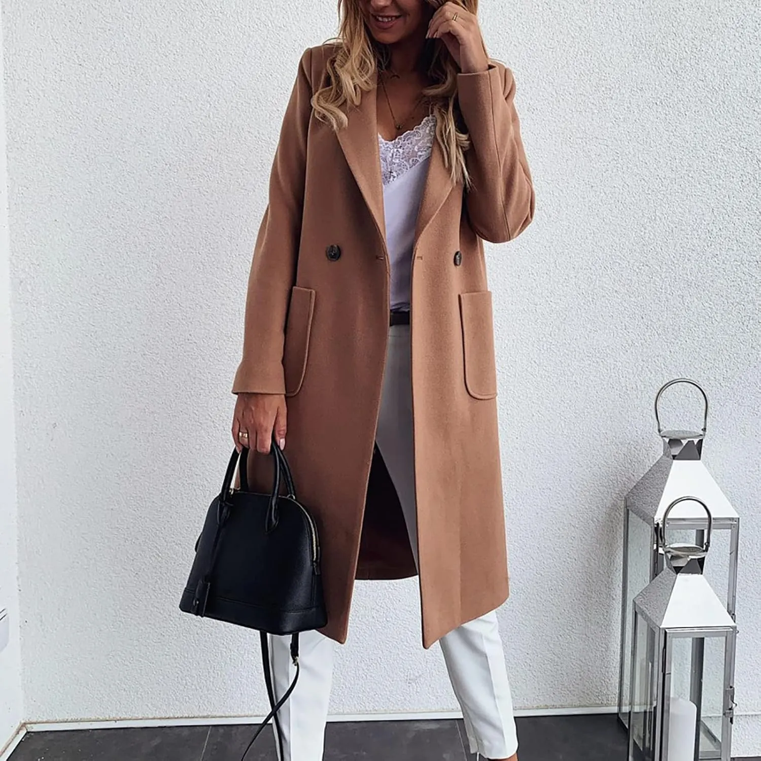 Women's Wool Coats Fashion Autumn And Winter Long-Sleeved Lapel Tweed Coat Windbreaker Jacket, M-3XL