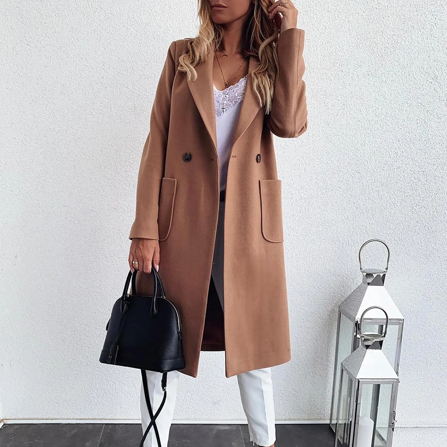 Women's Wool Coats Fashion Autumn And Winter Long-Sleeved Lapel Tweed Coat Windbreaker Jacket, M-3XL