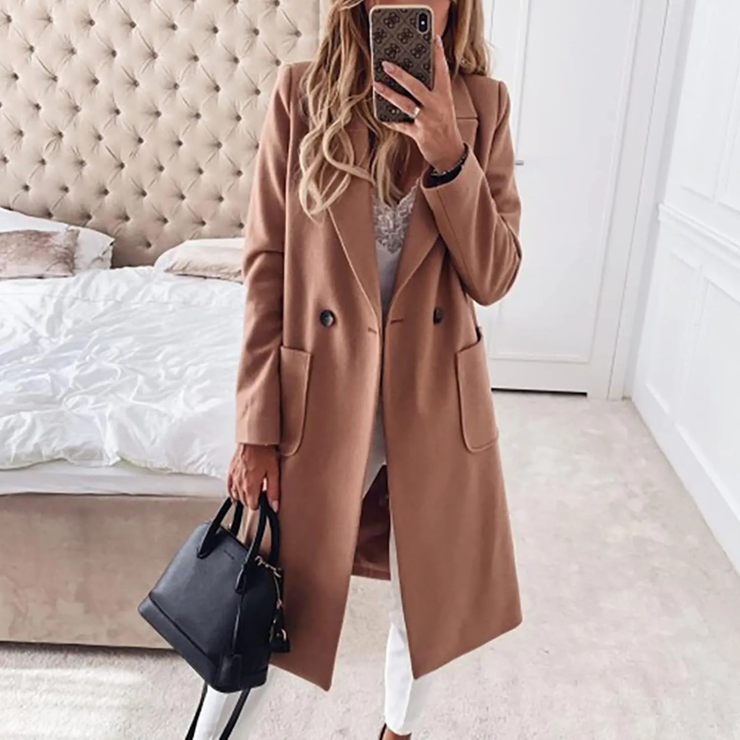 Women's Wool Coats Fashion Autumn And Winter Long-Sleeved Lapel Tweed Coat Windbreaker Jacket, M-3XL
