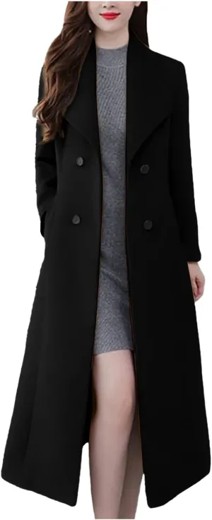 Womens Wool Trench Coat Casual Fall Winter Warm Jacket Notch Lapel Single-Breasted Long Peacoat Overcoats