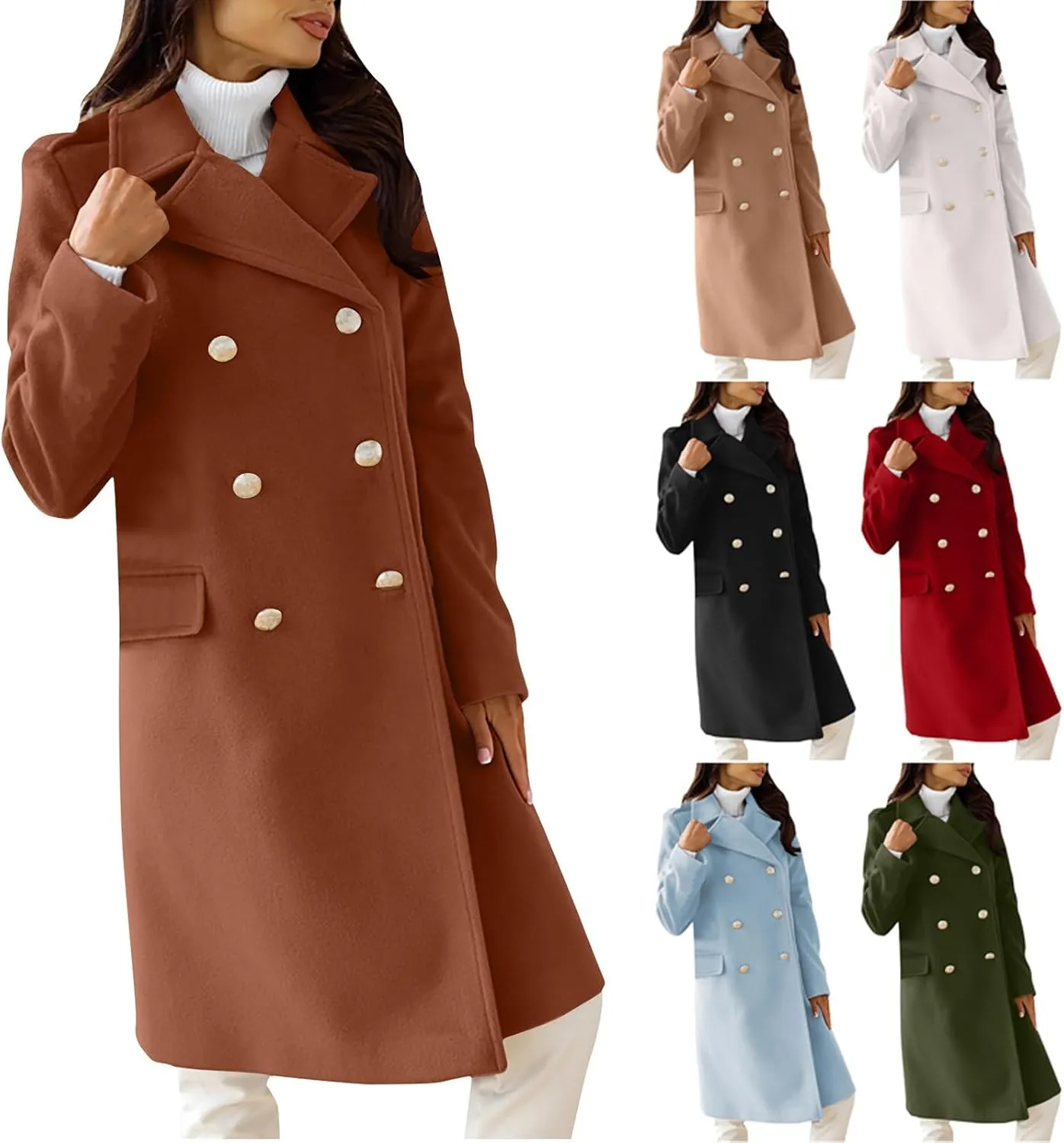Wool Blend Trench Coat for Women Mid Long Length Office Overcoat Elegant Lapel Collar Belted Pea Coats With Pockets