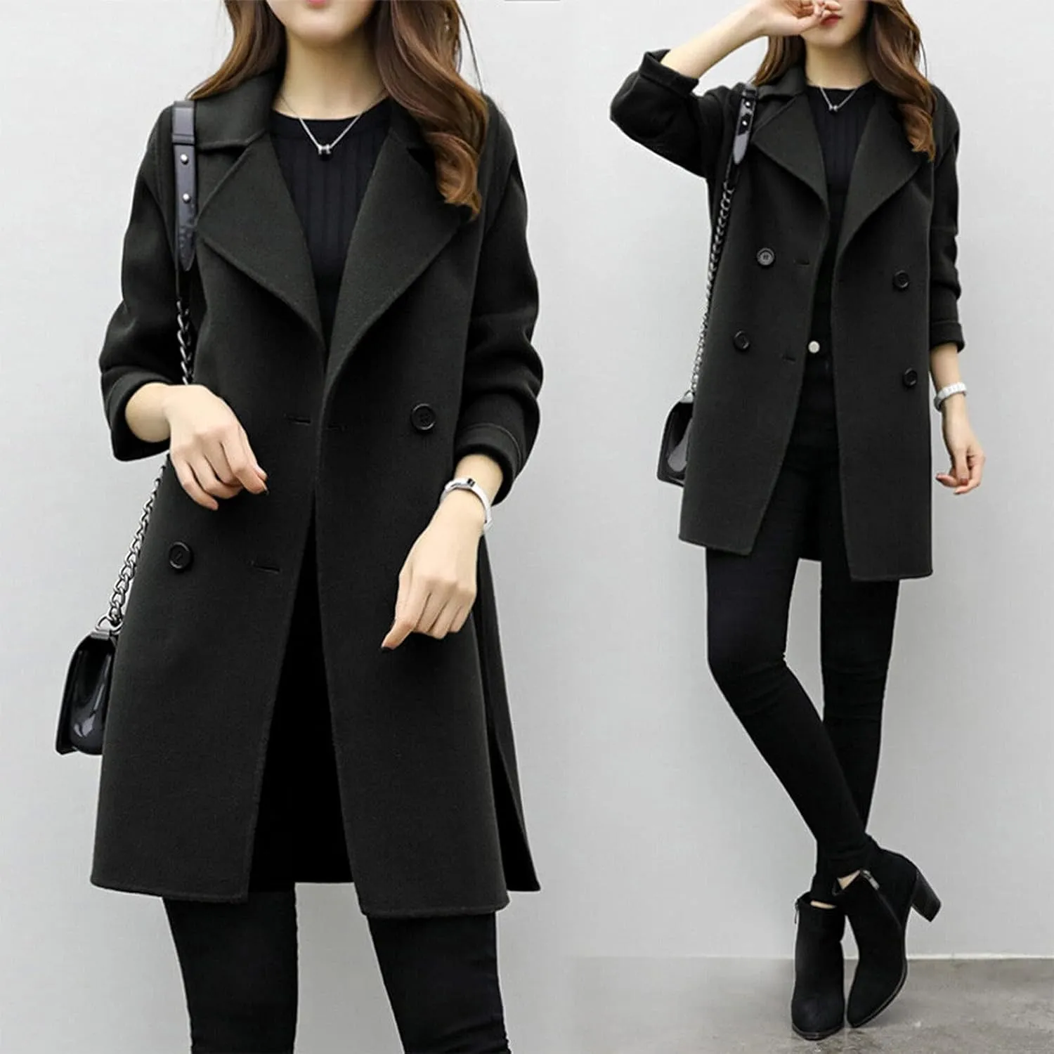 Wool Coats for Women Elegant Notch Lapel Double Breasted Trench Coat Casual Trendy Woolen Pea Coat Outerwears Y2k