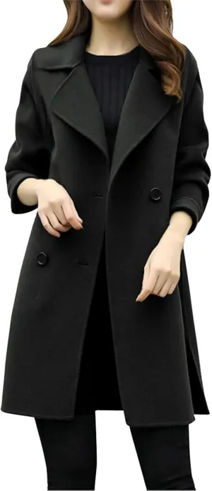 Wool Coats for Women Elegant Notch Lapel Double Breasted Trench Coat Casual Trendy Woolen Pea Coat Outerwears Y2k