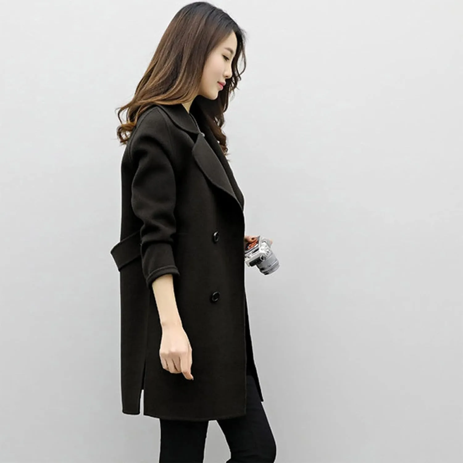 Wool Coats for Women Elegant Notch Lapel Double Breasted Trench Coat Casual Trendy Woolen Pea Coat Outerwears Y2k