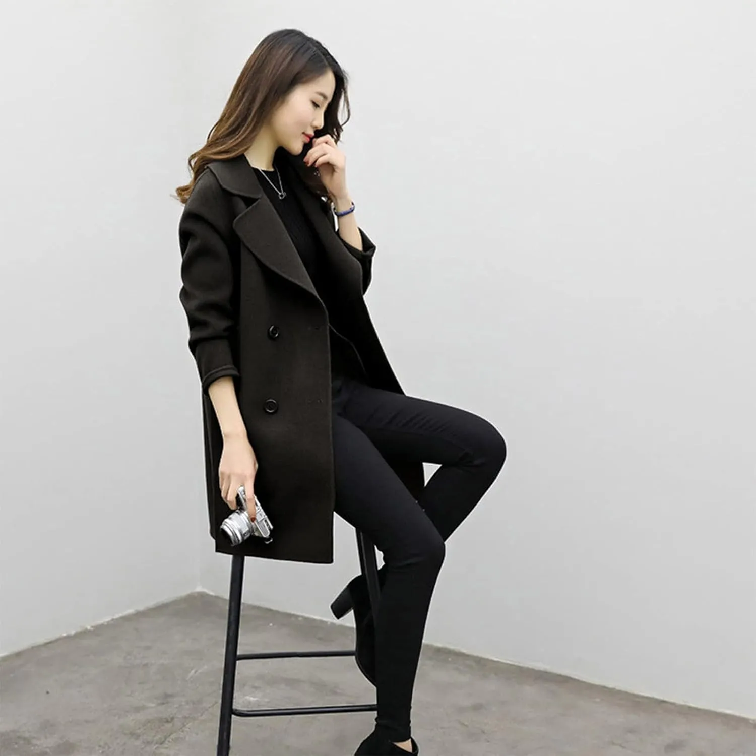 Wool Coats for Women Elegant Notch Lapel Double Breasted Trench Coat Casual Trendy Woolen Pea Coat Outerwears Y2k