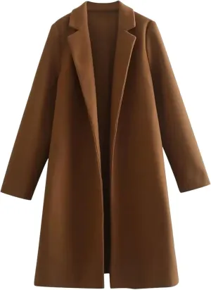 Wool Coats for Women Notched Lapel Open Front Pea Coats Winter Warm Mid Long Thicken Trench Caot Jackets Outwear