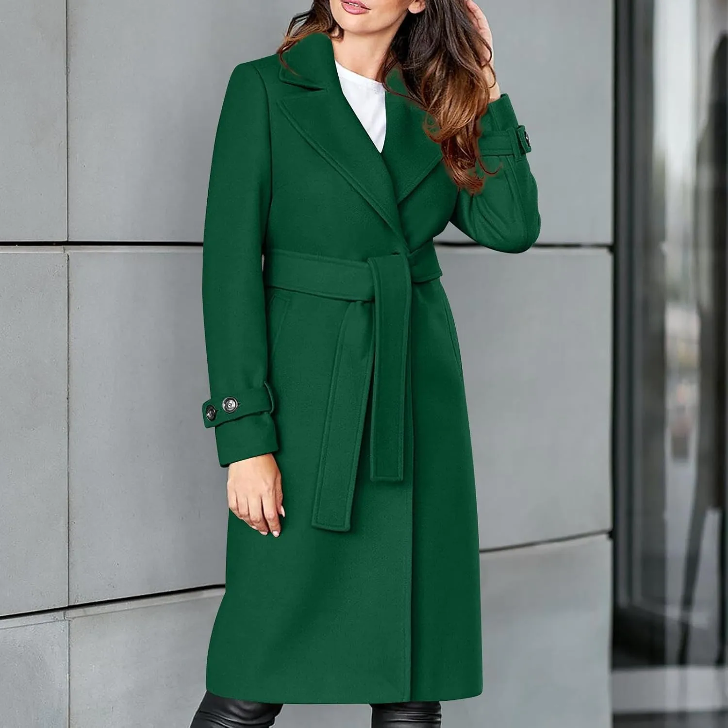 Wool Coats for Women Winter Mid Length Trench Coat Notch Collar Open Front Pea Coat Outerwear With Belt