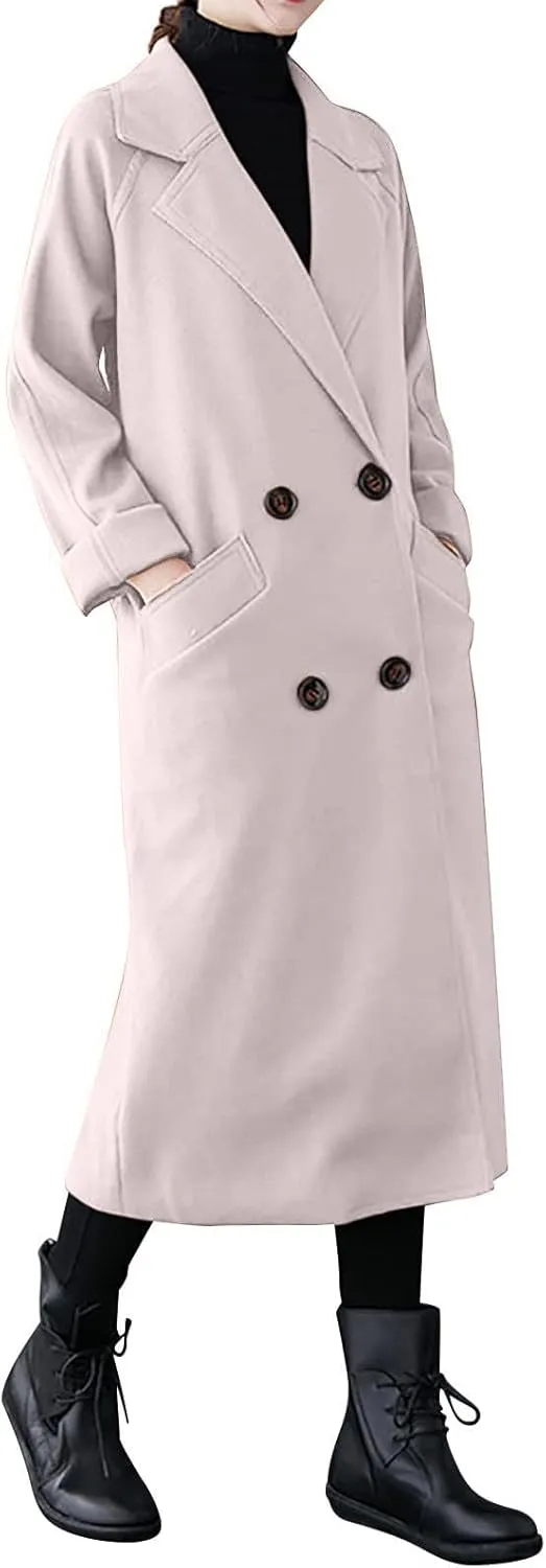 Wool Trench Coat for Women Double-Breasted Casual Work Office Jackets Winter Warm Mid-Long Overcoat With Belt