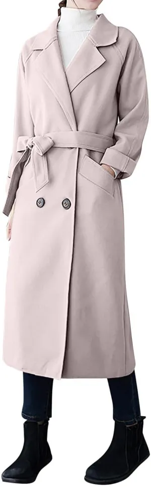Wool Trench Coat for Women Double-Breasted Casual Work Office Jackets Winter Warm Mid-Long Overcoat With Belt
