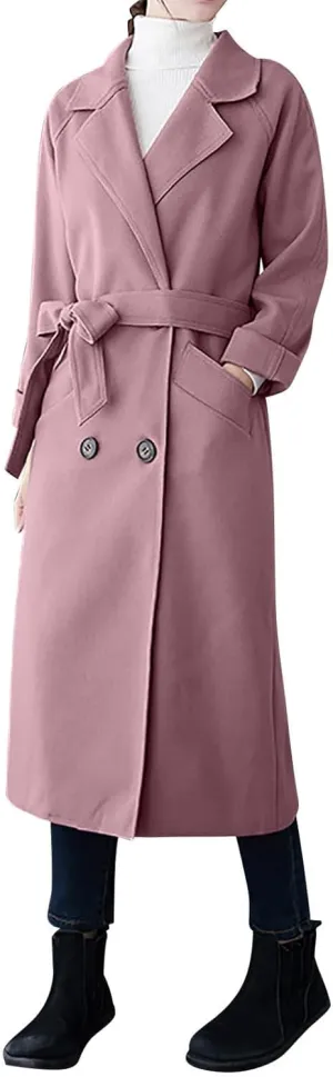 Wool Trench Coat for Women Double-Breasted Casual Work Office Jackets Winter Warm Mid-Long Overcoat With Belt