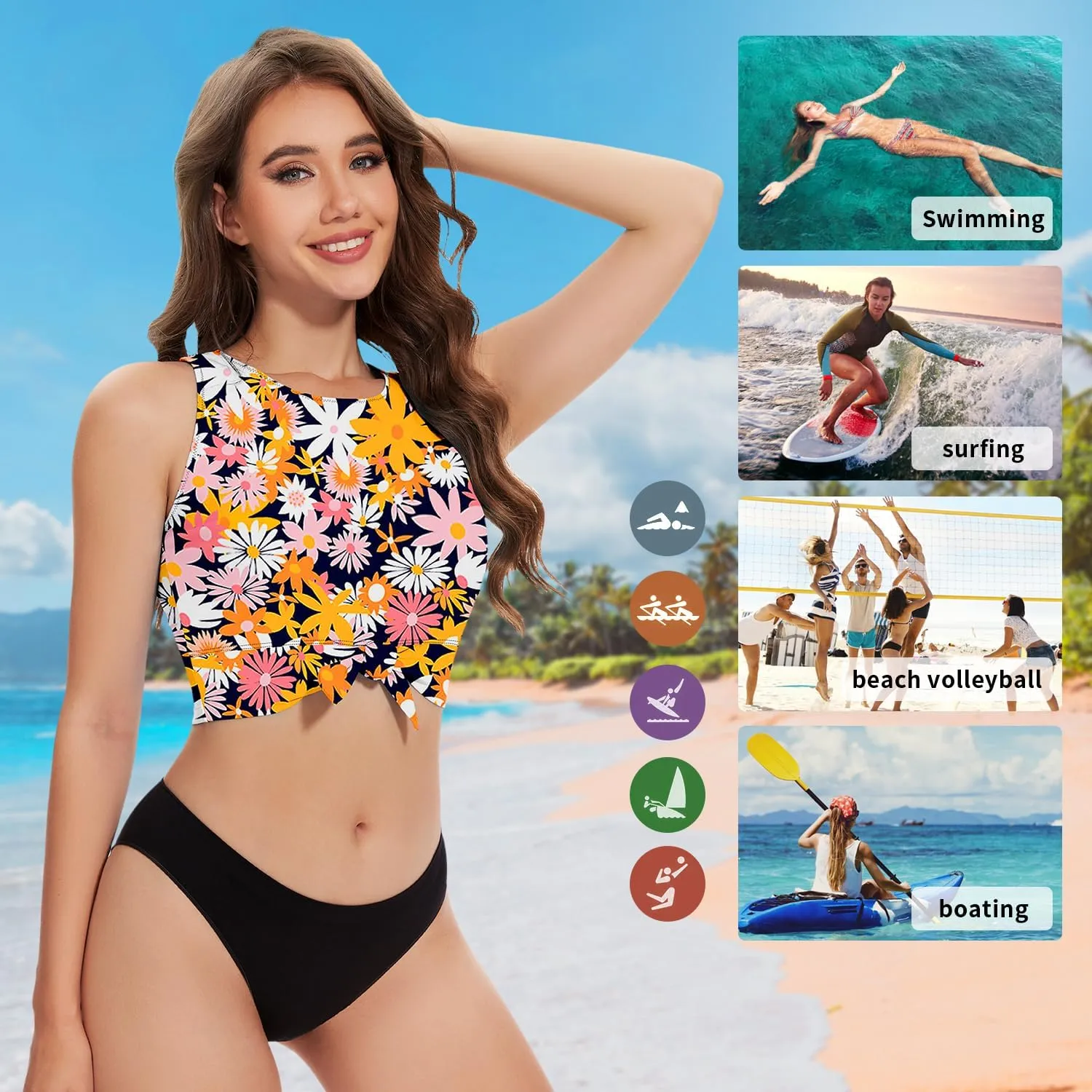 WOWENY High Neck Bikini Top Tie Knot Front Crop Top Tankini Swimsuit Swim Tops Only