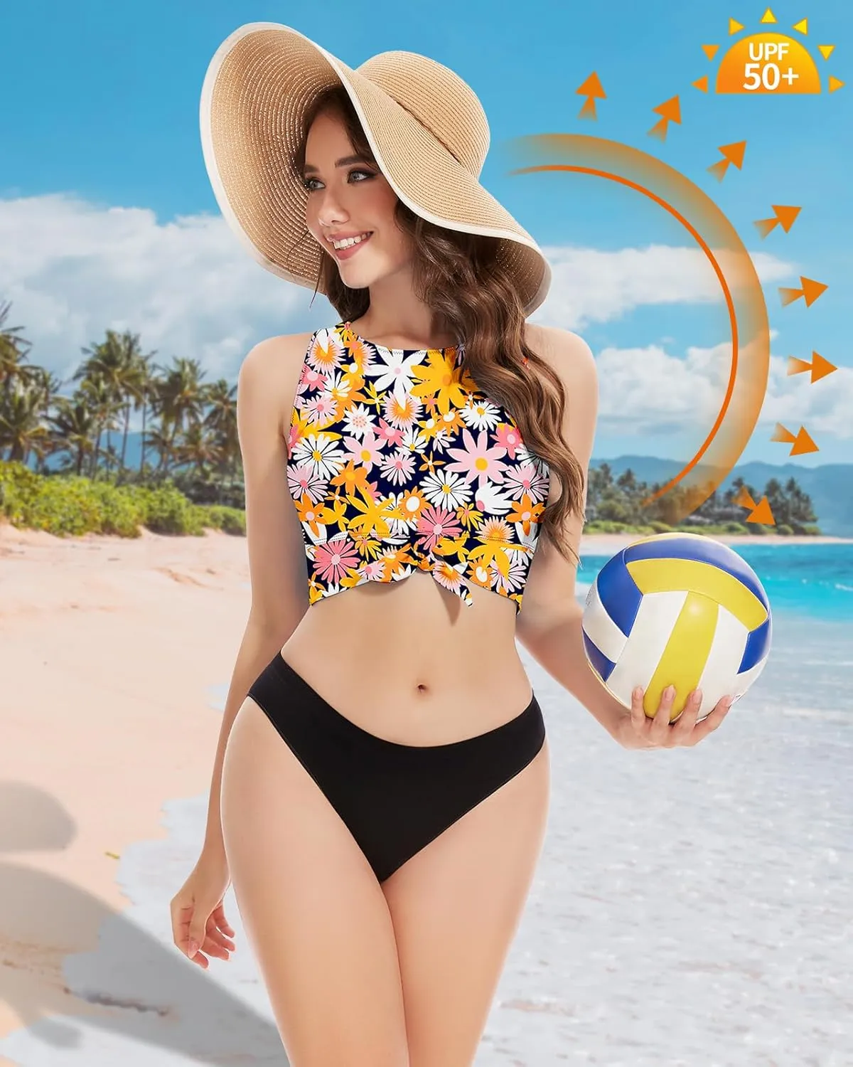 WOWENY High Neck Bikini Top Tie Knot Front Crop Top Tankini Swimsuit Swim Tops Only