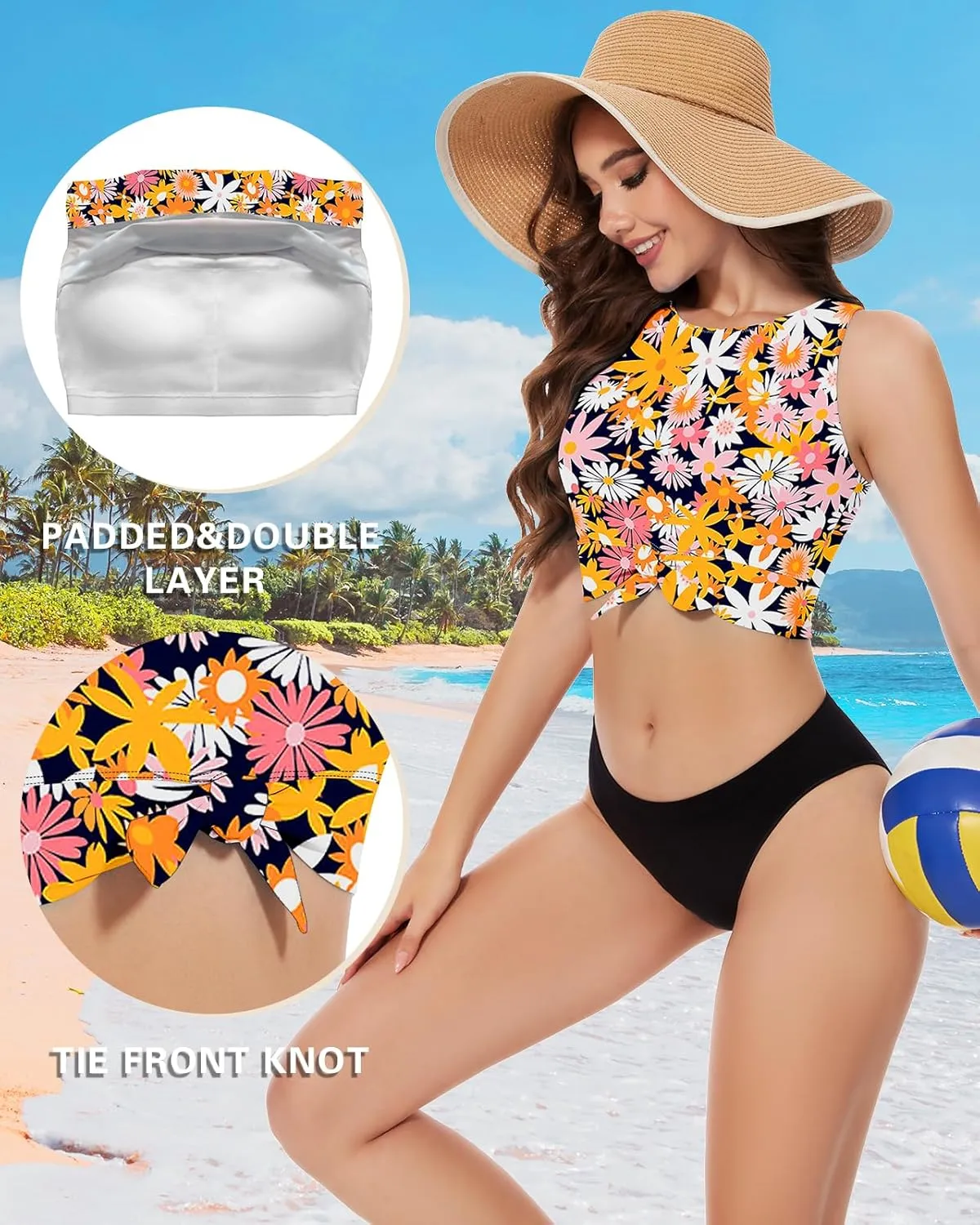 WOWENY High Neck Bikini Top Tie Knot Front Crop Top Tankini Swimsuit Swim Tops Only