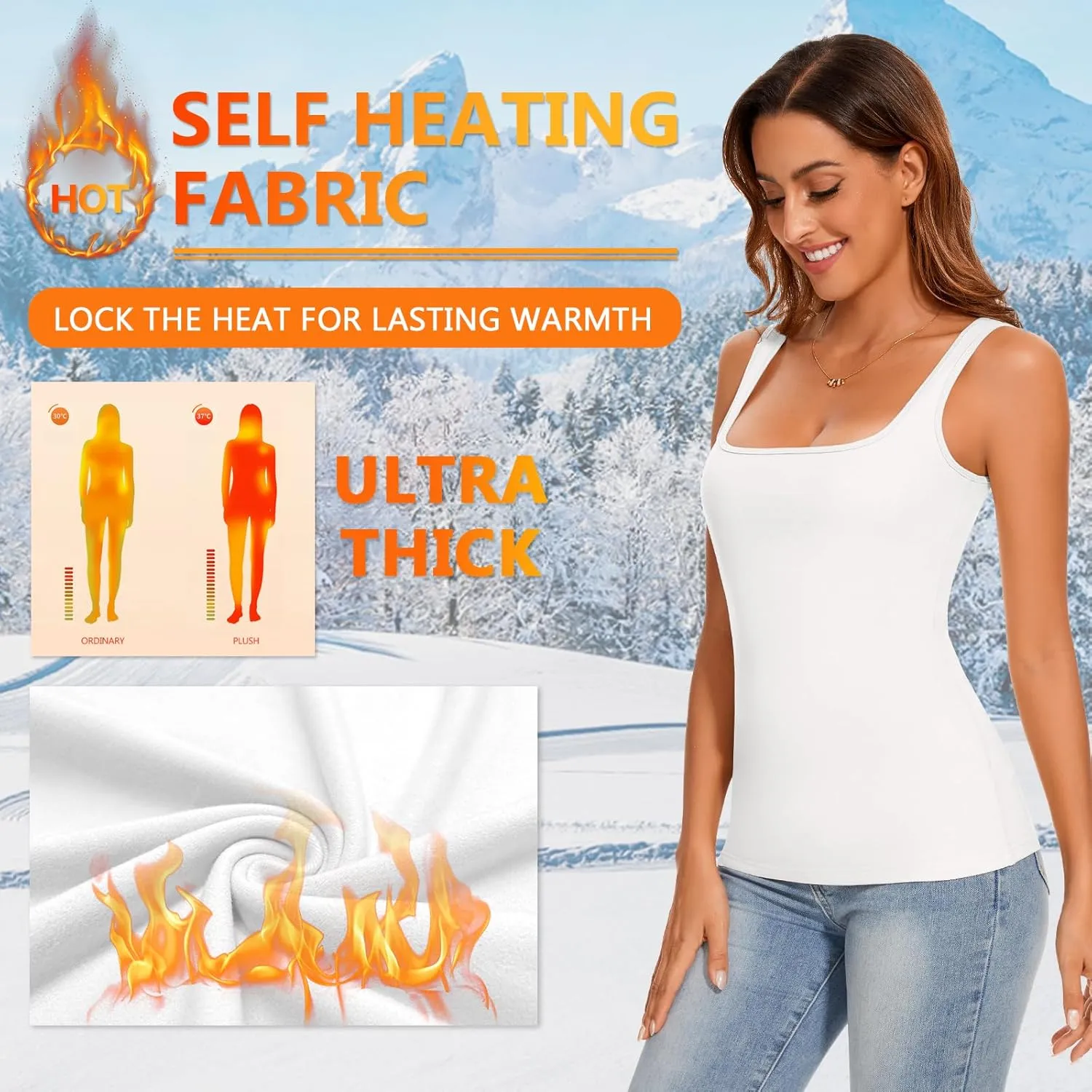 WOWENY Women Sleeveless Thermal Tank Top Fleece Lined Underwear Top Warm Camisole Square Neck Winter Base Layer