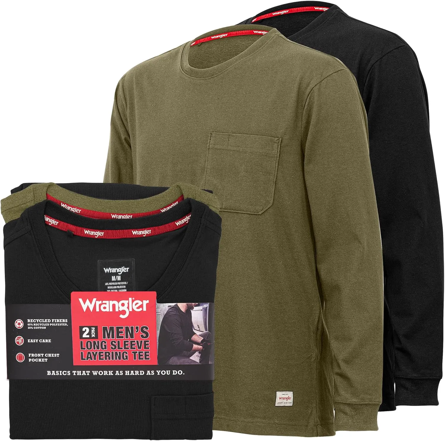 Wrangler Long Sleeve Layering Tee Shirts for Men, Core Mens Layering T-Shirt