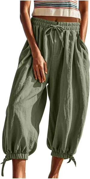 Xiaojmake Women Casual Beach Pants Summer Cinched Bottom Linen Capris Drawstring Elastic High Waist Cotton Cropped Trousers