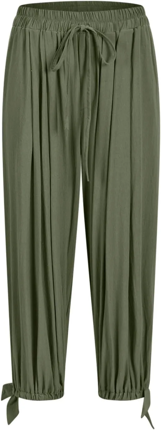 Xiaojmake Women Casual Beach Pants Summer Cinched Bottom Linen Capris Drawstring Elastic High Waist Cotton Cropped Trousers