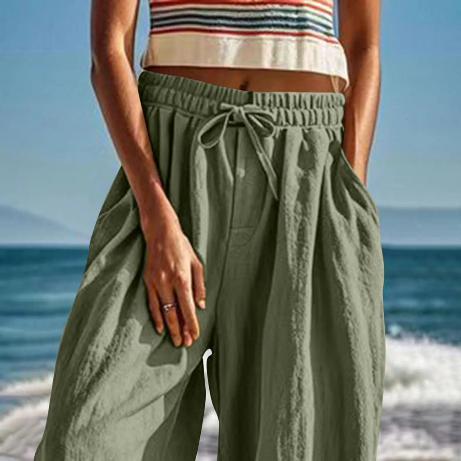 Xiaojmake Women Casual Beach Pants Summer Cinched Bottom Linen Capris Drawstring Elastic High Waist Cotton Cropped Trousers