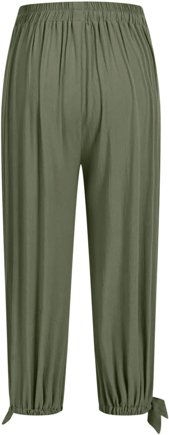 Xiaojmake Women Casual Beach Pants Summer Cinched Bottom Linen Capris Drawstring Elastic High Waist Cotton Cropped Trousers