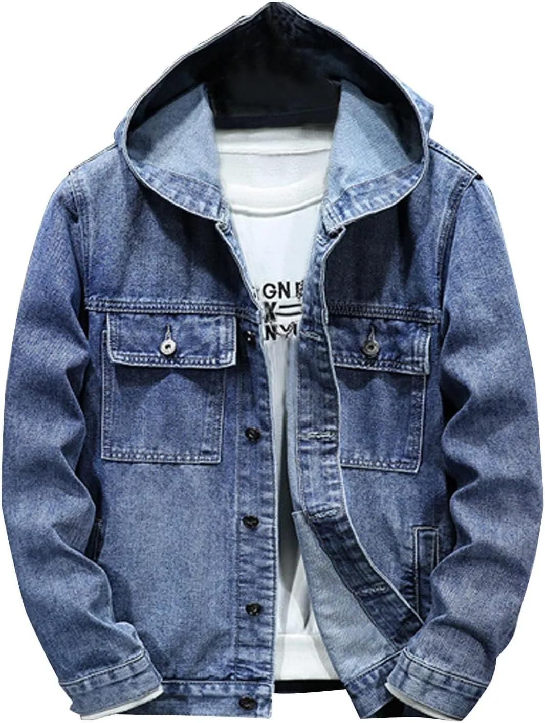 yardsong Mens Denim Jacket with Hood Distressed Button Down Jean Hoodie Long Sleeve Casual Trucker Coats with Pockets
