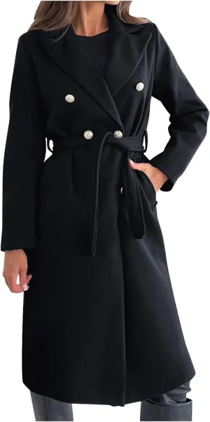 yardsong Womens Wool Blend Pea Coat Double Breasted Slim Fit Belted Trench Coats Winter Fashion Business Long Jackets