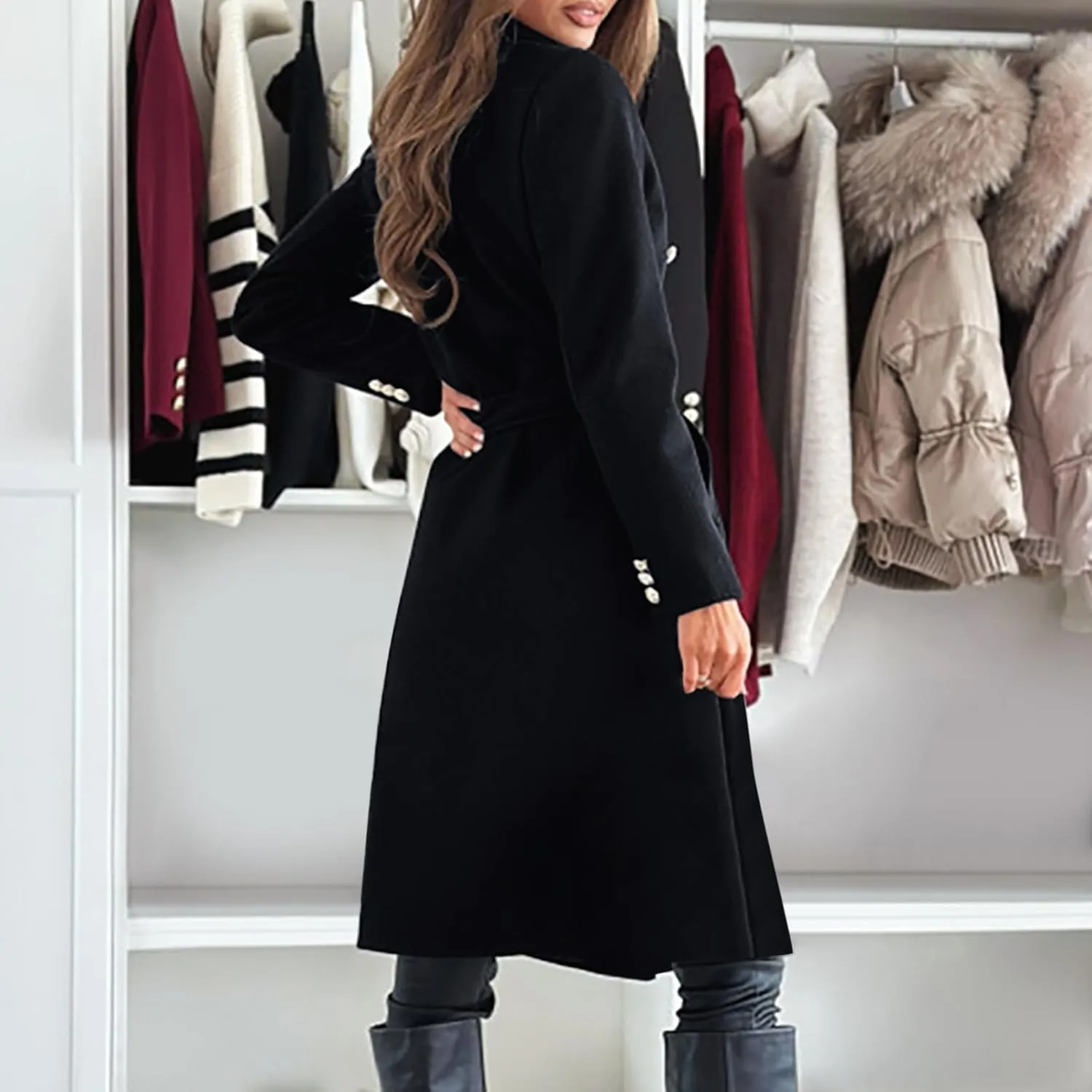 yardsong Womens Wool Blend Pea Coat Double Breasted Slim Fit Belted Trench Coats Winter Fashion Business Long Jackets