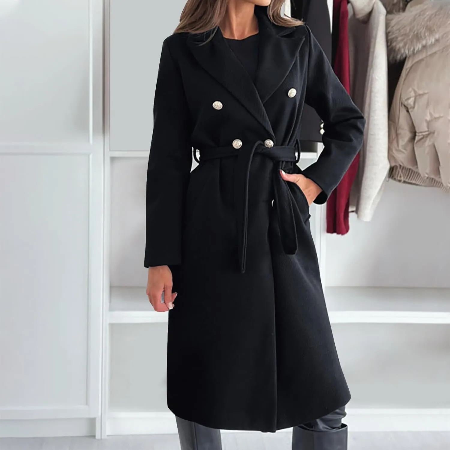 yardsong Womens Wool Blend Pea Coat Double Breasted Slim Fit Belted Trench Coats Winter Fashion Business Long Jackets