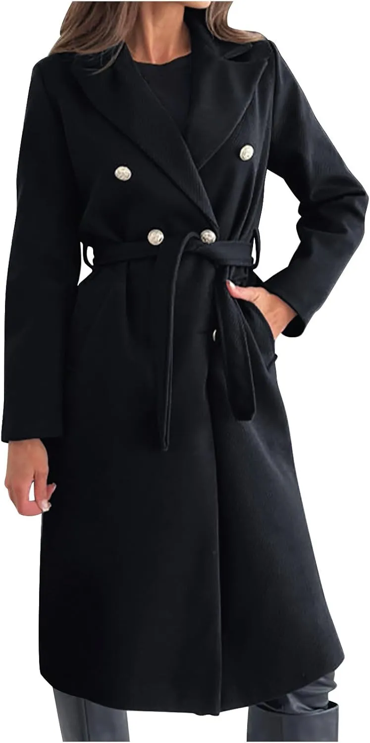yardsong Womens Wool Blend Pea Coat Double Breasted Slim Fit Belted Trench Coats Winter Fashion Business Long Jackets